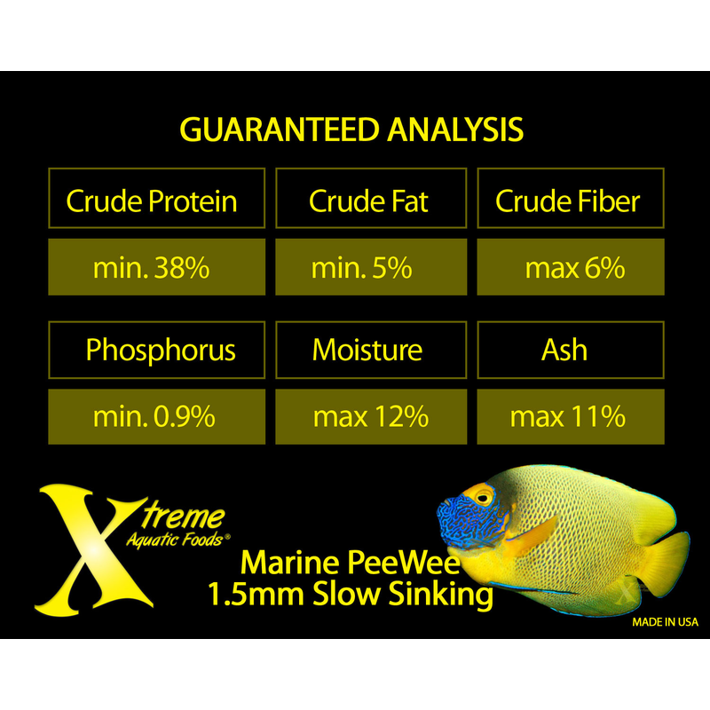 Product label for Xtreme Aquatic Foods Marine PeeWee with guaranteed analysis details and a fish illustration.