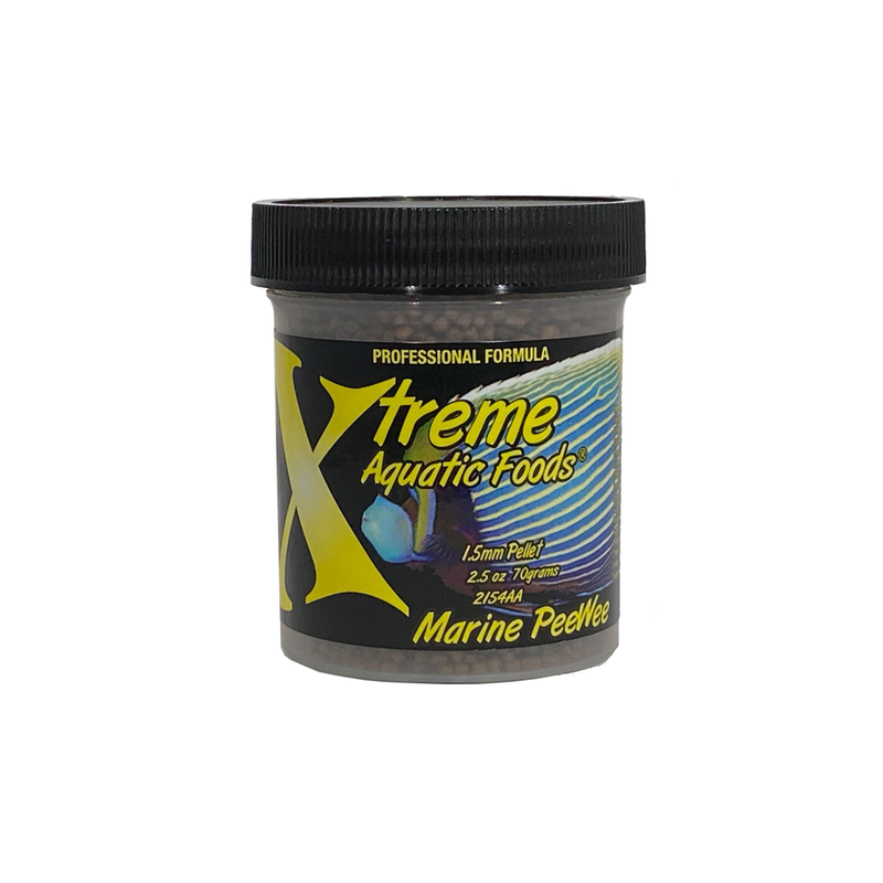 Xtreme Marine Peewee is a specialized food formula for Marine Fish. Packaging displays bright yellow text and a marine fish. 