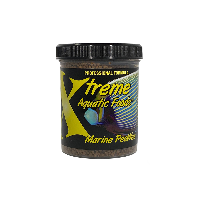 Xtreme Marine Peewee is a specialized food formula for Marine Fish. Packaging displays bright yellow text and a marine fish. 