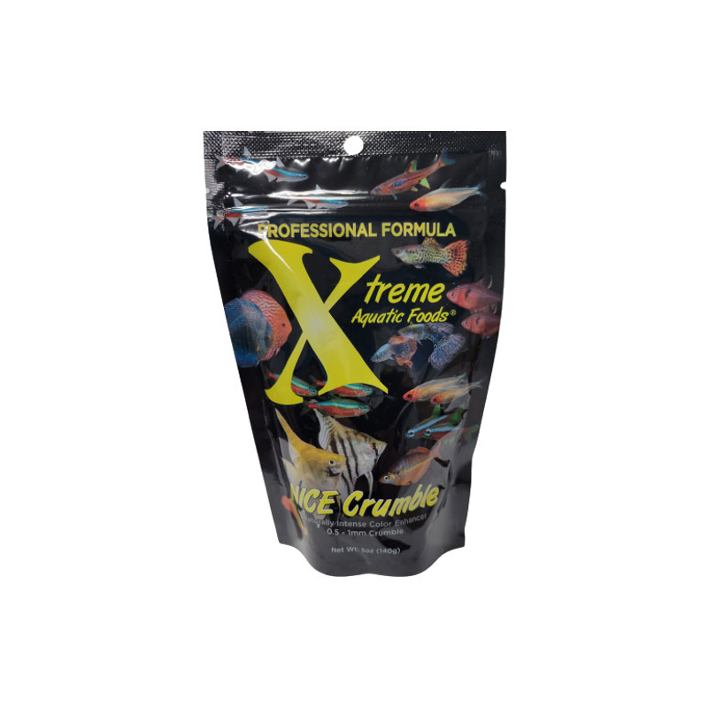 A black bag of Xtreme 140g NICE 0.5-1mm Crumble fish food, showing the product name and description, alongside a label showing various fish.