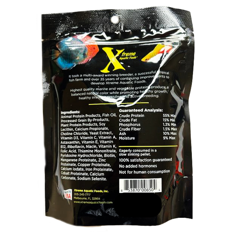 Ingredients and guaranteed analysis list for Xtreme NICE Crumble with Xtreme Aquatic Foods branding on a black background.