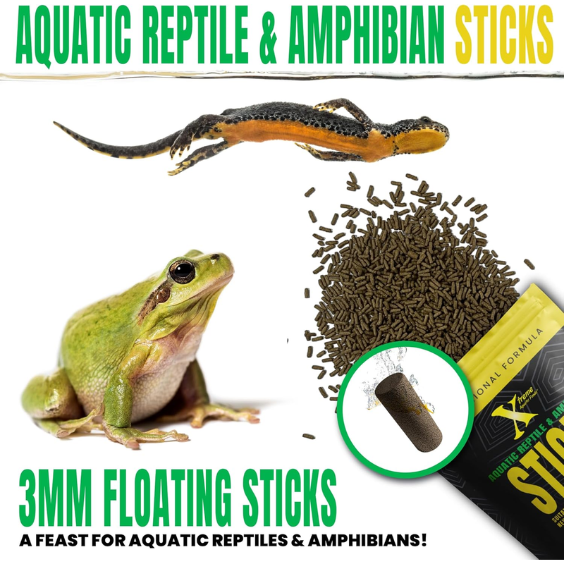 Xtreme Reptile and Amphibian sticks 3mm Floating Sticks packaging on a white background that shows the pellet size. Has a picture of a frog and lizard which are some animals this food is made for.