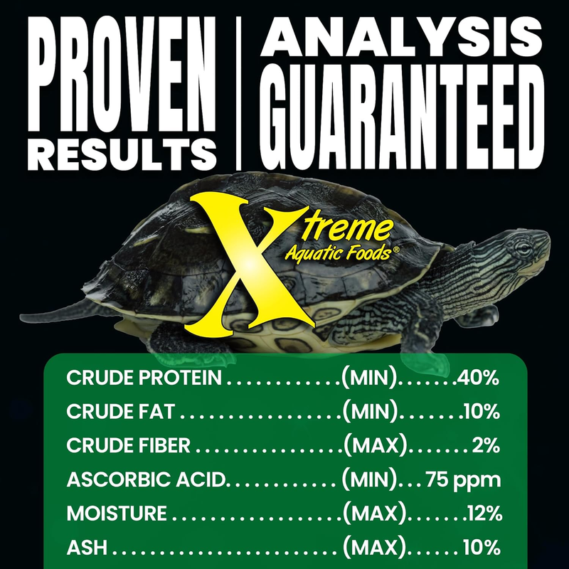Product label for Xtreme Amphibian Foods 3mm with guaranteed analysis details and a reptile illustration with a large turtle in the background