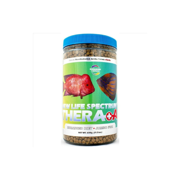 600g see through container of New Life Spectrum Thera+A fish food with 2 colourful fish with a green to blue contrasting label behind them on a white background
