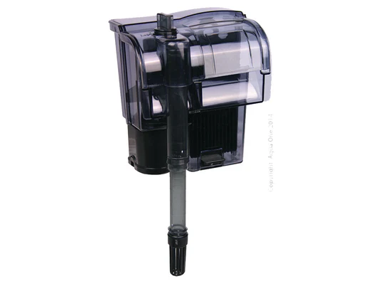 Clear and black aquarium filter on a white background