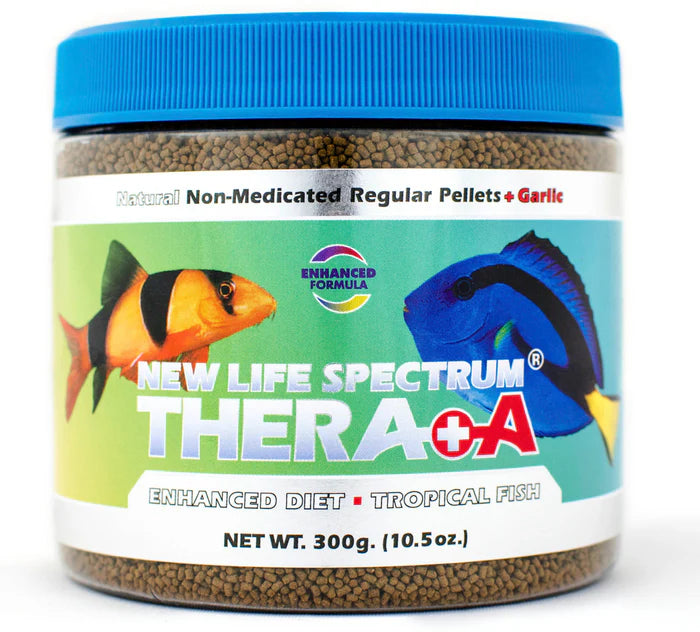 Jar of New Life Spectrum Thera+A fish food with blue lid and colorful fish illustration on label.