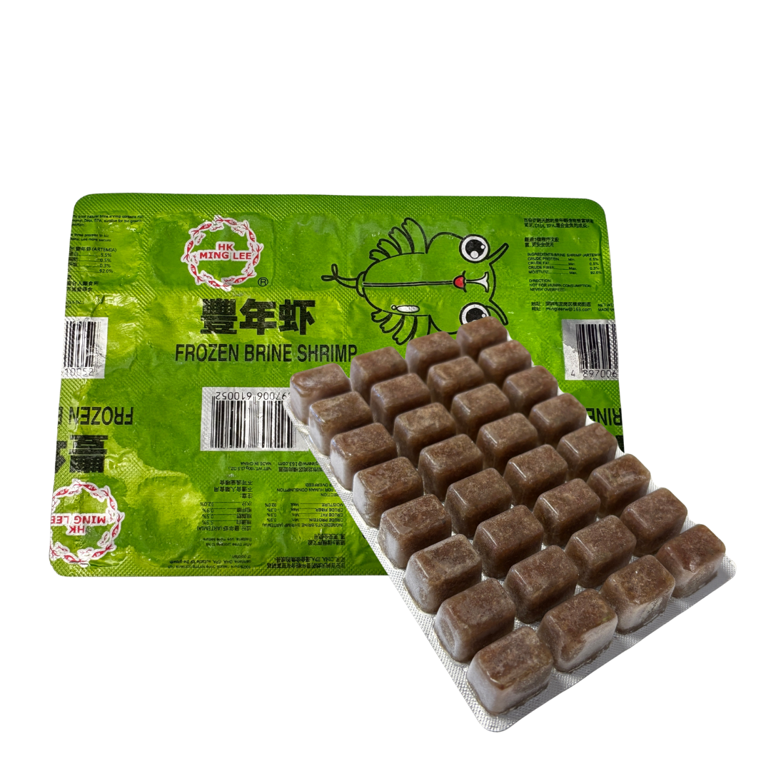 Packaged frozen brine shrimp with green label on a white background