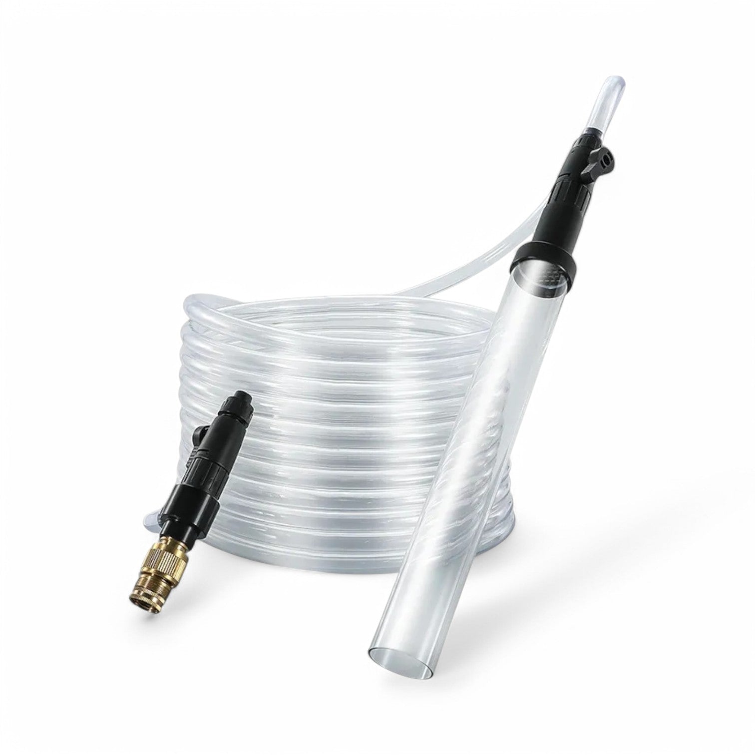 Clear hose with black and gold connectors on a white background