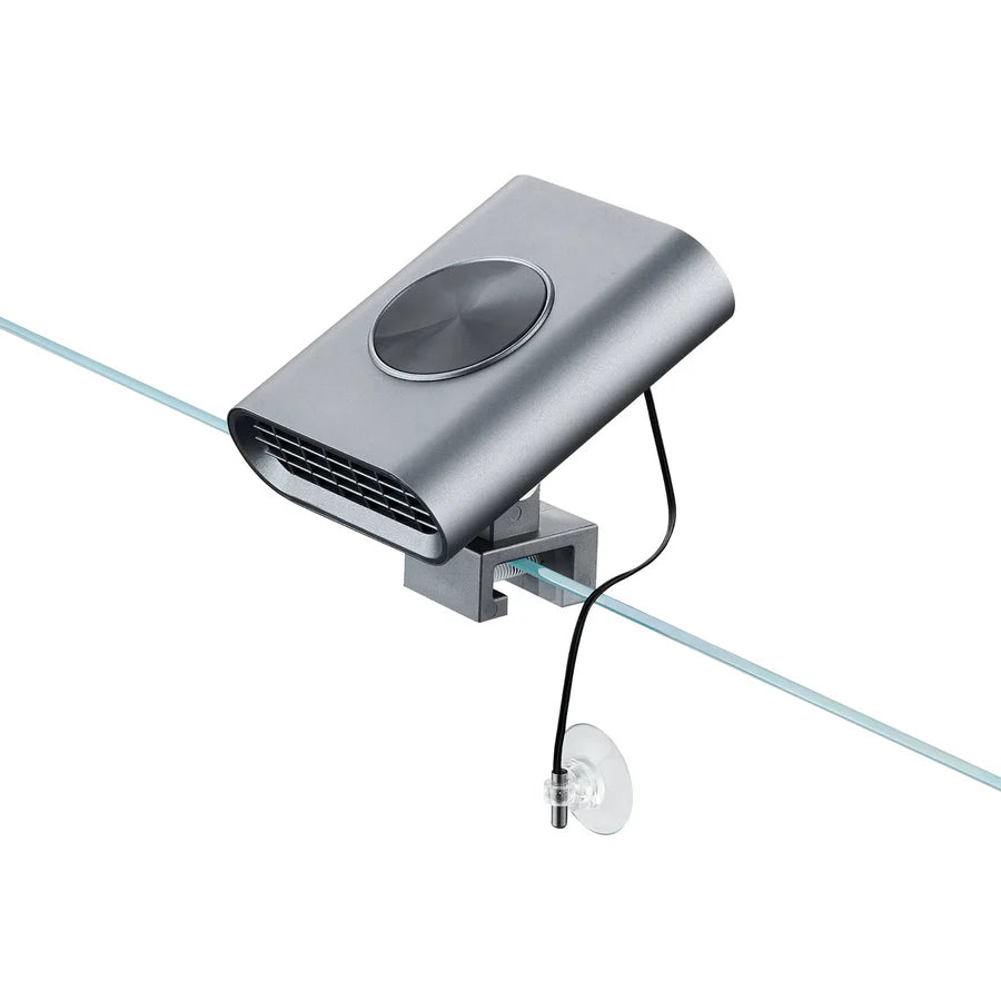 Chihiros Cooling Fan clipped to the side of an aquarium with a suction cup on a white background