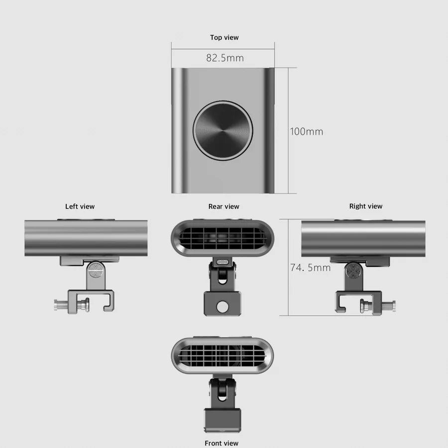 Silver Chihiros Cooling Fan being shown from all angles, with dimensions on a white background