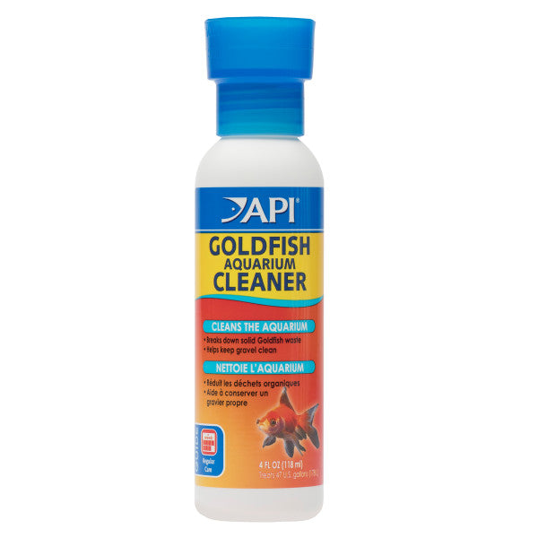 API Branded bottle with a blue lid with yellow, blue, orange labeling with a picture of a orange goldfish