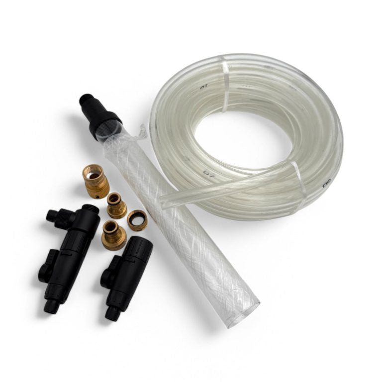 Water siphon kit with hose and connectors on a white background
